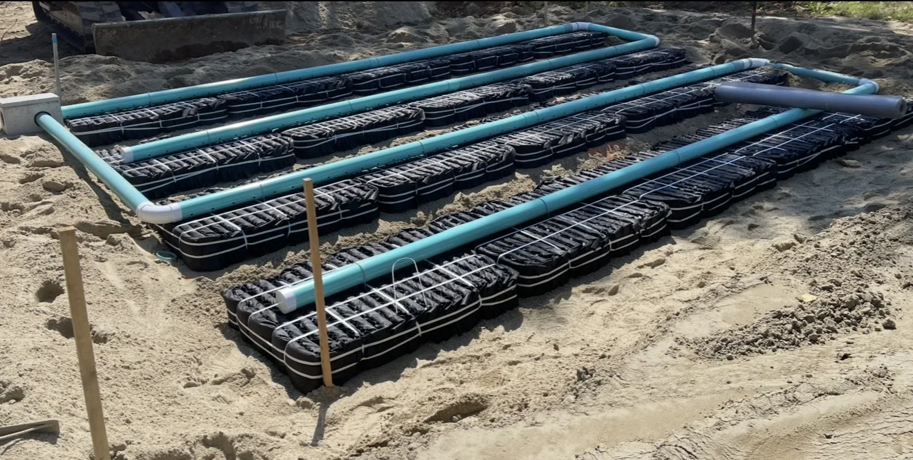 Eljen leach field laid out with the distribution manifold